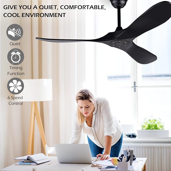 52 Inch Black Ceiling Fan No Light ，Wood Outdoor Ceiling Fans for Patios 3 Blade Propeller Reversible Modern Ceiling Fan Without Light for Living Room Bedroom with Remote