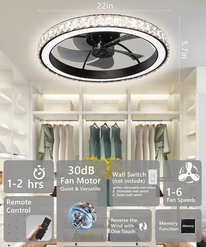 Aipsun Low Profile Modern Crystal Chandelier Ceiling Fans with Lights and Remote, 3000K-6500K Smart Bladeless LED Fan Light, 22" Black Modern Ceiling Fans with Lights for Bedroom