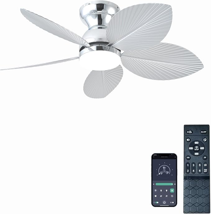 GJeg Tropical Ceiling Fans with Light, 38-inch Flush Mount Palm Leaf Ceiling Fans for Bedrooms, Indoors and Outdoors, Remote Control/APP Control, 6-Speed, Dimmable, Reversible,Chrome