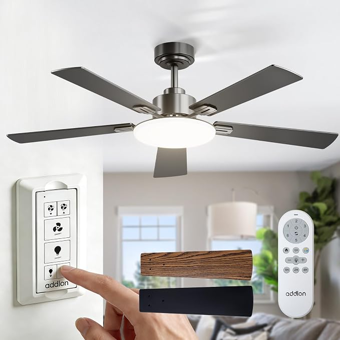 addlon Ceiling Fans with Lights, 52 inch Black Ceiling Fan with Remote Control, Wall Switch, Reversible, 3CCT Dimmable, Noiseless, Ceiling Fan for Bedroom, Living Room, Indoor/Outdoor Use