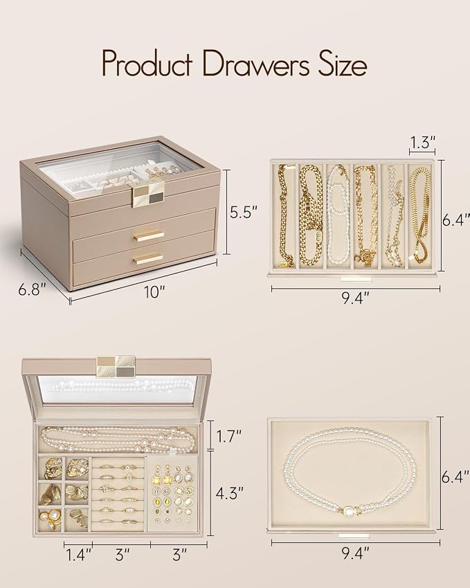 VLANDO Jewelry Box Organizer for Women, 3-Layer Jewelry Storage Case with Glass Lid, Gold Handle, 2 Drawers for Rings, Earrings, Necklaces and Bracelets - Toffee
