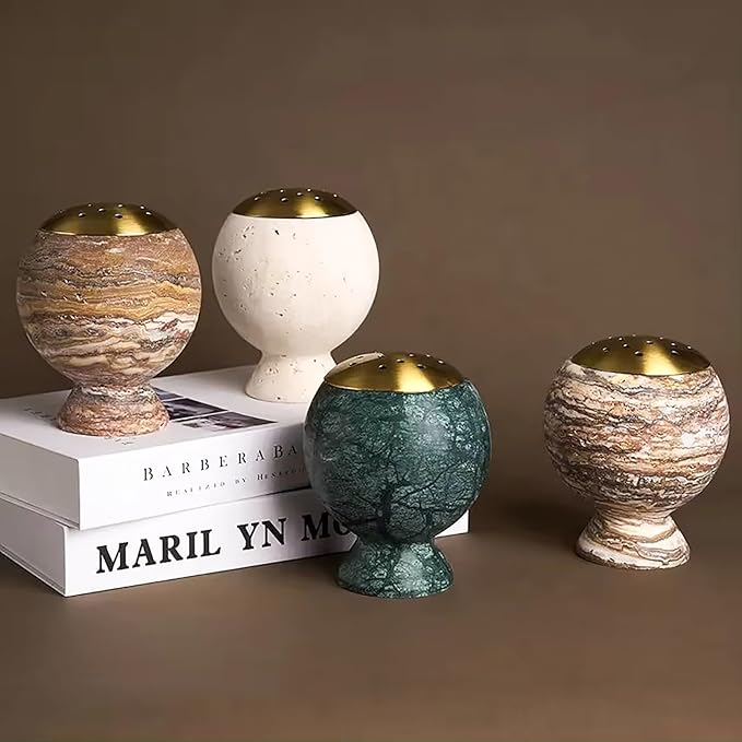 Natural Marble Incense Burner 4.2” Multi-Purpose Holder with Brass Accents, for Cones/Coils/Sticks, Home Decor & Relaxation (Light Brown)