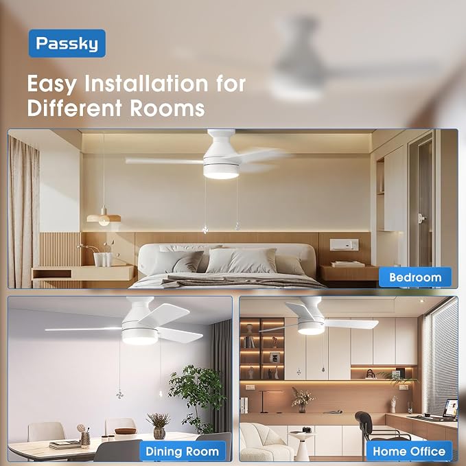 Passky Ceiling Fans with Lights, 42 inch Low Profile Ceiling Fan with Pull Chain and Remote Control, Flush Mount, Reversible, 5CCT, Dimmable, Noiseless, White Pull Cord Ceiling Fan for Bedroom