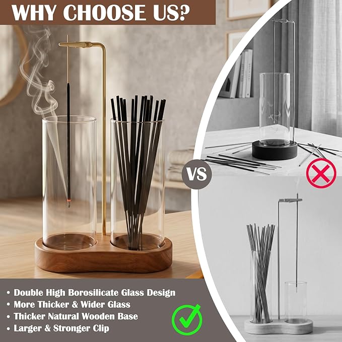Incense Holder for Sticks with Glass Ash Catcher - Upside Down Anti-Ash Flying Incense Burner & Stick Storage Organizer, Ideal for Meditation, Yoga, Zen Home Decor, Spa Relaxation Gift (Natural Wood)