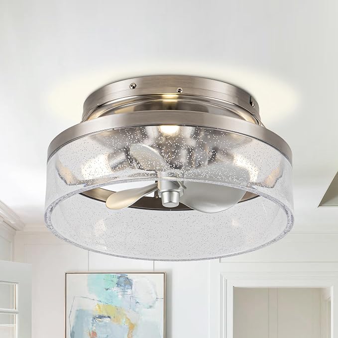 Low Profile Nickel Caged Ceiling Fan with Light and Remote, 13.2” Modern Flush Mount Ceiling Fan, DC Motor, Max 1100 RPM Silver Fandelier Ceiling Fans with LED Light for Bedroom Kitchen