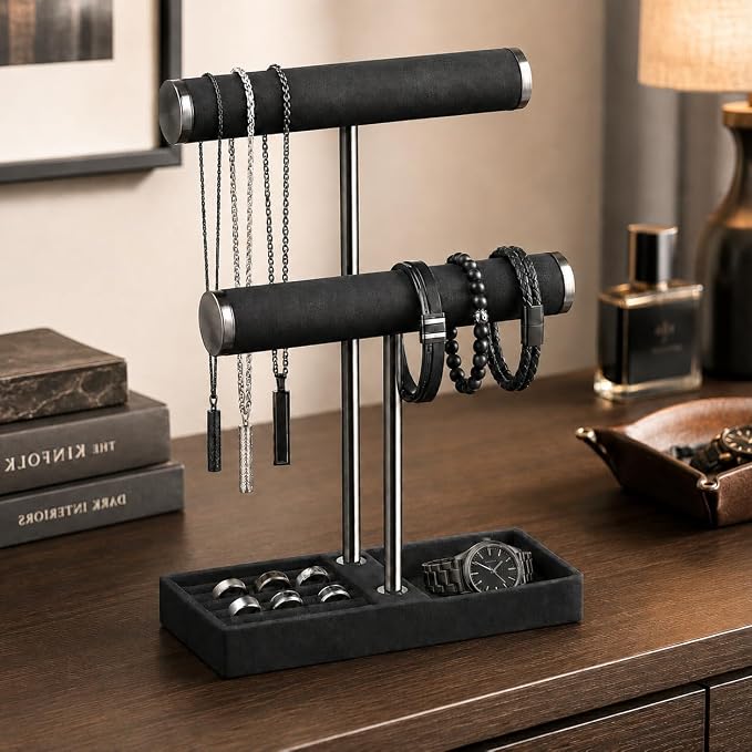 bussdis 2 Tier Bracelet Holder Display, Necklace Holder Organizer, Black | Velvet Necklace Holder | Jewelry Tree | Jewelry Towers | Jewelry Stand Organizer for Necklaces, Bracelets, Earrings, Rings