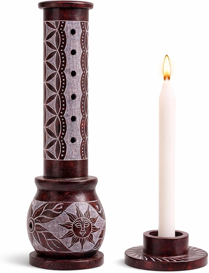 Marble Handmade Soapstone Red Incense Stick Holder | Candle Burner | Tea Light Holder - Round Jaali Carving for Gifting. Decorative Home and Office Decor - (3 X 3 X 10 Inches)