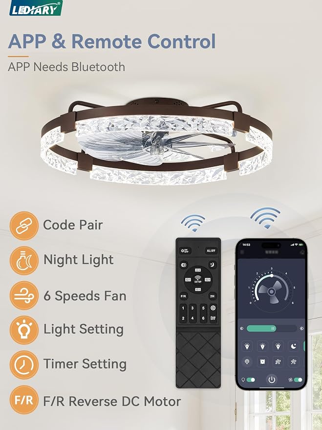 LEDIARY 2 Pack 24 Inch Low Profile Ceiling Fans with Lights and Remote, Fandelier Modern Ceiling Fan, 3000K-6000K Dimmable LED Fan Light, Brown Flush Mount Ceiling Fans with Lights for Bedroom