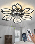 Modern Flower Petal Ceiling Fan with Light, Low Profile Flush Mount LED Fandelier with 3-Color Dimmable Light & 6-Speed Remote, Quiet Bladeless Fan for Bedroom/Living Room – Black