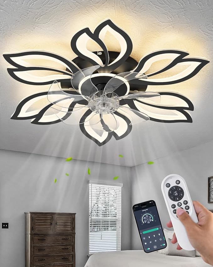 Modern Flower Petal Ceiling Fan with Light, Low Profile Flush Mount LED Fandelier with 3-Color Dimmable Light & 6-Speed Remote, Quiet Bladeless Fan for Bedroom/Living Room – Black