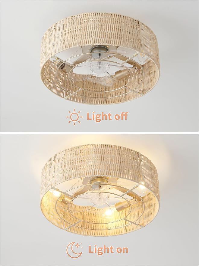 Caged Ceiling Fans with Lights Flush Mount, 20" Rattan Boho Ceiling Fan with Light Remote Control, Enclosed with 6 Speeds for Bedroom, Nursery, Living Room (Beige)