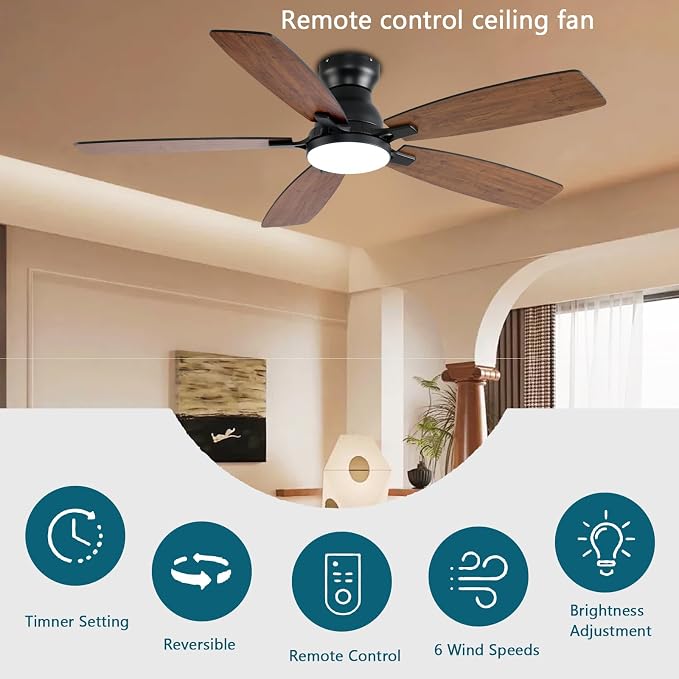 JSAITEE Ceiling Fans with Lights, 52 Inch Low Profile Ceiling Fan with Light and Remote Control, Flush Mount, DC Reversible Motor, Noiseless, Brown 6 Speeds Ceiling Fan for Bedroom