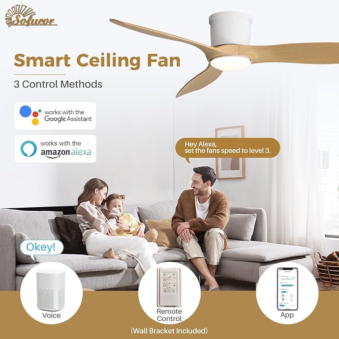 Sofucor 52 Inch Smart Ceiling Fan with Lights, Modern Low Profile Flush Mount Ceiling Fan with 6500CFM, Compatible with Alexa/Google/App, 3 Plastic Blade, Dimmable Timer Reversible DC Motor, ETL, ABS