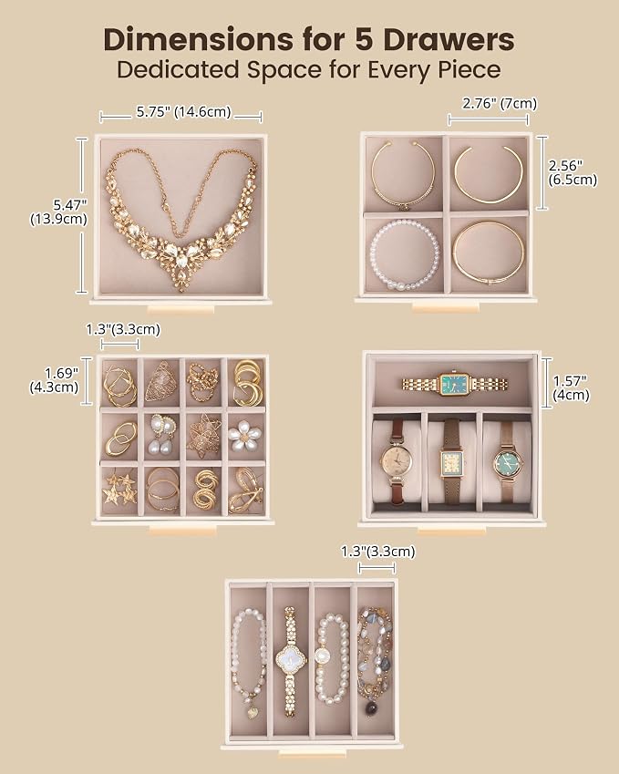 Lolalet Large Jewelry Box Organizer for Women, 6-Layer Jewelry Organizers and Storage Case with Mirror & 5 Drawers, Lockable Watch Ring Earring Bracelet Necklace Holder Girls Gift -6Layer, Beige