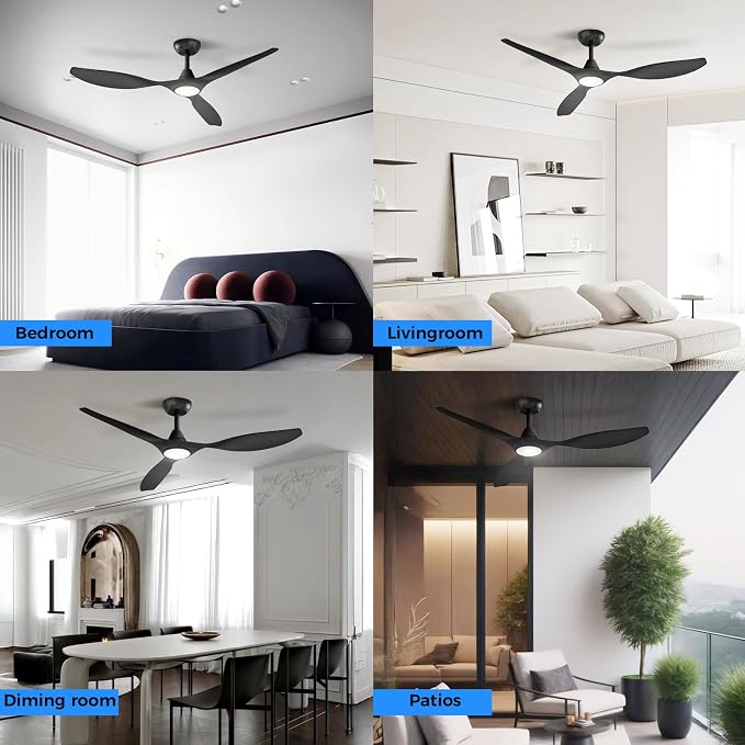 Roomratv Ceiling Fans with Lights and Remote Control,Quiet Noiseless Reversible DC Motor,6 Speeds,Timers, 3 CCT, Indoor Use, Plastic Blades,52 Inch Black Ceiling Fan Smart APP Control for Living Room