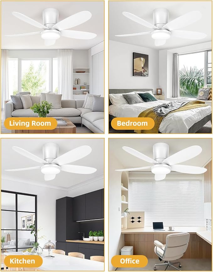 Ceiling Fans with Lights, Low Profile 42-Inch Modern White Small Ceiling Fan for Bedroom Indoor Outdoor - Dimmable Fans with Timer Remote Control Flush Mount Reversible 5 Blades 6 Speeds