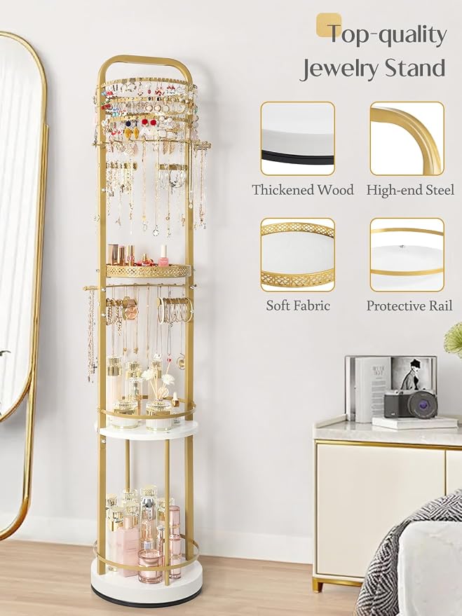 Jewelry Holder Organizer, Floor Jewelry Organizer with Earring Organizer Necklace Holder, Rotating Jewelry Stand Necklace Display Earring Storage, Large Hanging Jewelry Tree for Jewlery Bracelet Ring