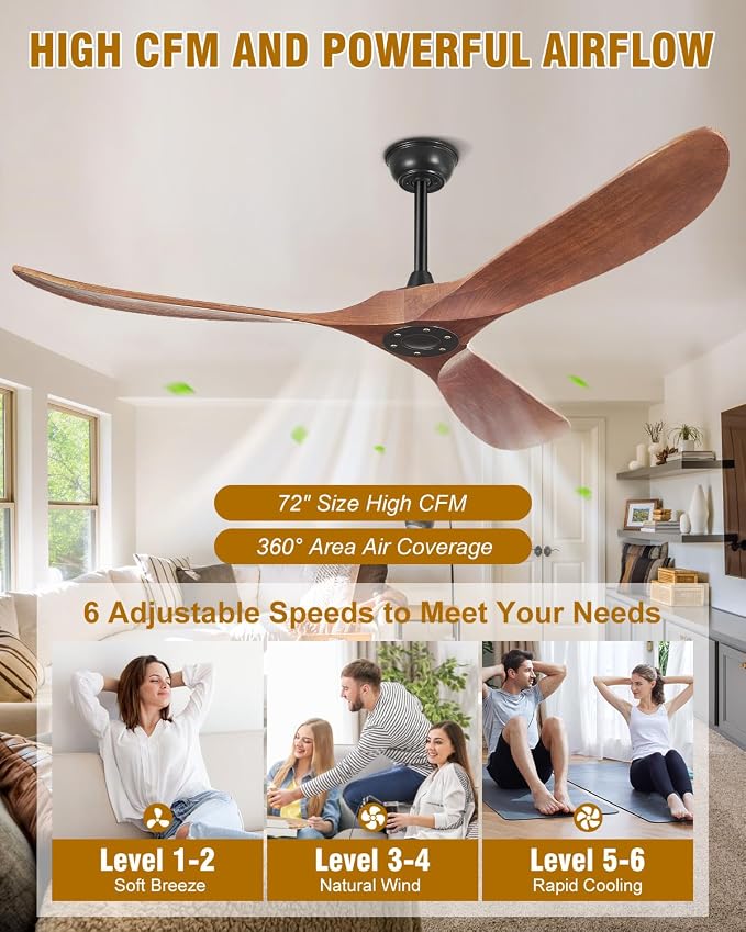 Ceiling Fans without Lights 72 Inch Large Ceiling Fan, Solid Wood Ceiling Fan No Light and Remote, 3 Blade, 6 Speeds, Timer, Quiet DC Motor, High CFM Modern Indoor Outdoor Fans for Patio, Dark Walnut
