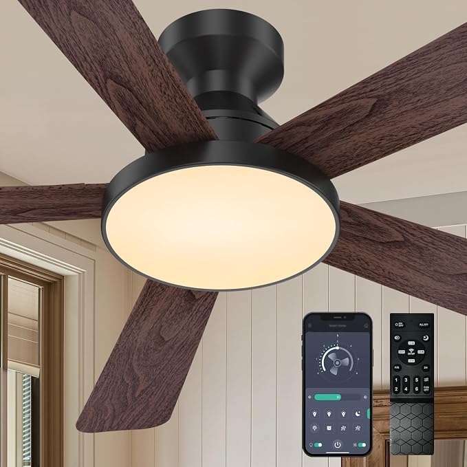 Ceiling Fans with Lights, 46" Low Profile Ceiling Fan with Light, Remote/App Control, Flush Mount Black Ceiling Fan for Bedroom, Indoor/Outdoor (Dark Wood)