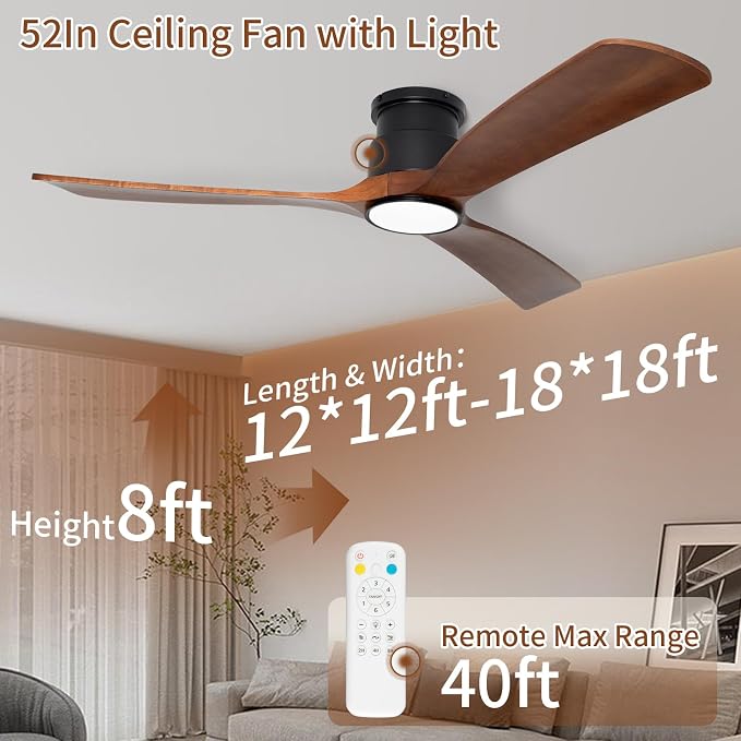 52inches Ceiling Fan with Lights,Wooden Flush Mount Ceiling Fans with Remote Control,Dimmable Light,3 CCT,6 Speeds,Noiseless DC Motor,Ceiling Fan for Bedroom,Living Room,Office,Indoor,Dark Brown