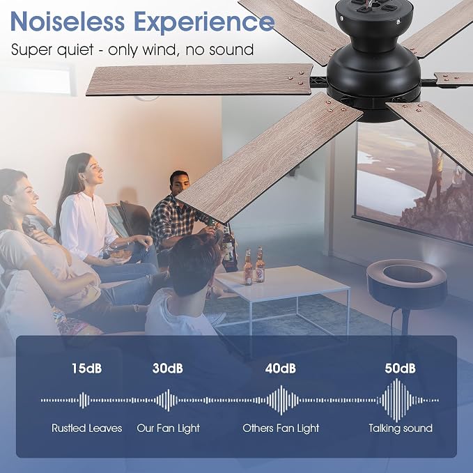 52"Modern 6-Blades Black Low Profile Flush Mount Ceiling Fans with Light | Supports Remote and APP,6 Wind Speeds, Reversible, Dimmable 3 Light Colors LED Light, Quiet DC Motor,6 Double-Sided Blades