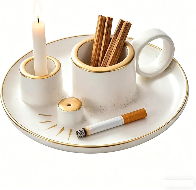 Multifunction Incense and Candle Holder for Burning Sage, Palo Santo, Incense Sticks - 5.9" Ceramic Ash Catcher Tray for Meditation Room Home Decor (A)