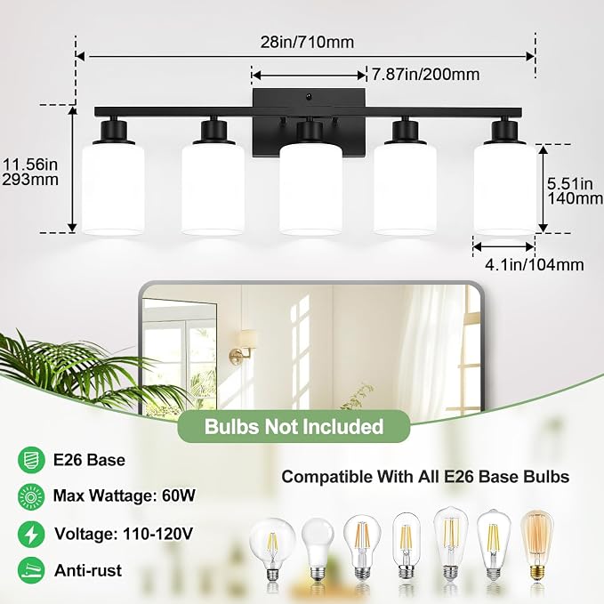 Indoi 5-Light Bathroom Light Fixtures, Matte Black Modern Vanity Lights with Milky White Shades, Bathroom Wall Lamp for Mirror Living Room Cabinet Bedroom Porch