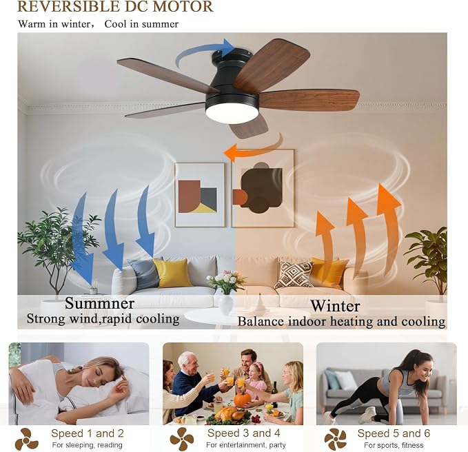 FUMLTP 42inch Ceiling Fans with Lights, Low Profile Ceiling Fan with Light and Remote Control, Flush Mount, Reversible DC Motor, Dimmable, Noiseless,Brown Small Ceiling Fan for Bedroom Indoor/Outdoor
