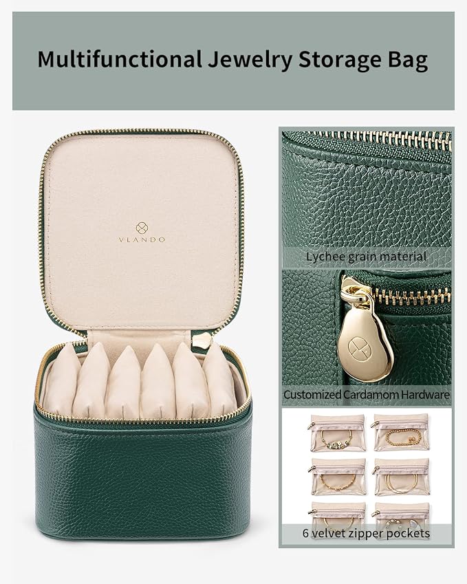 VLANDO Jewelry Travel Case,Travel Jewelry Organizer with Clear Velvet Jewelry Bags 6Pcs Zipper Pouch for Women Girl Christmas Wedding Gift-Green