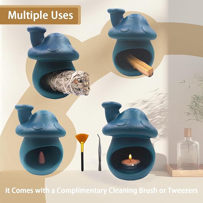 Palo Santo Holder and Sage Burner,Ceramic Mushroom Incense Cone Burner,Mini Chiminea Sage Ash Catcher, Smudge Bowl for Yoga Meditation Home Decor,Blue