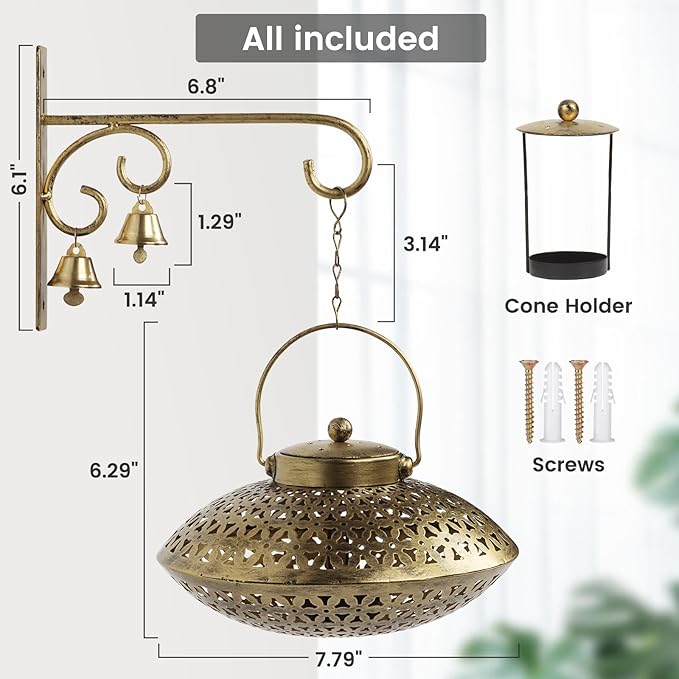 Lotoo Hanging Incense Burner, Cone Incense Holder with Brass Bells, Vintage Antique Home Room Wall Decor for House Warming Spiritual Reiki Yoga Meditation Gifts for Women Men