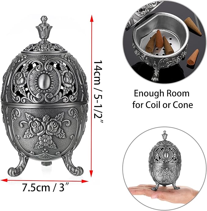 JUXYES Vintage Incense Burner Holder with Removable Ash Catchers, Metal Censer Antique Cone Coil Incense Burner Holder Zinc Alloy Spiritual Aromatherapy Yoga Meditation Gifts Retro Home Decoration