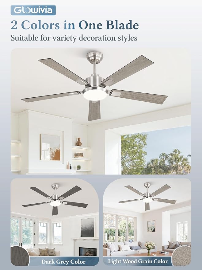 52 Inch Ceiling Fans with Lights and Remote&APP Control, Brushed Nickel Smart Ceiling Fan with 3000-6000K Dimmable, 6 Speeds Reversible, Indoor/Outdoor Ceiling Fan for Bedroom Living Room