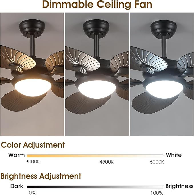Wiviniya Tropical Ceiling Fans with Lights, 44 Inch Palm Leaf Outdoor Ceiling Fan with Light for Patios Porch Bedroom, Remote/APP Control, Reversible Quiet DC Motor, Dimmable LED, Dark Brown