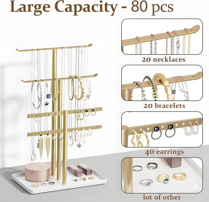 pickpiff Gold Jewelry Organizer: 12.5" Sturdy Stand for 80 Pcs Jewelry