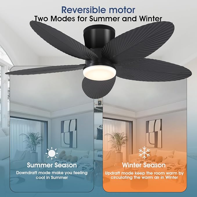 Surtime Palm Leaf Ceiling Fans with Lights-42 Tropical Ceiling Fan with Light and Remote/APP Control,Flush Mount Low Profile Black Ceiling Fans for Bedroom,Indoor/Outdoor Patio Use