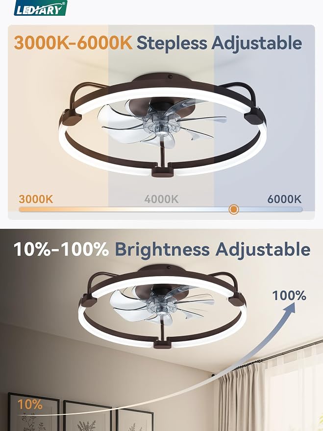 LEDIARY Ceiling Fans with Lights and Remote, 20'' Low Profile Ceiling Fan with Light, 3000-6000K Dimmable Fandelier LED Fan Light, 6 Wind Speeds, Brown Modern Flush Mount Ceiling Fan for Bedroom