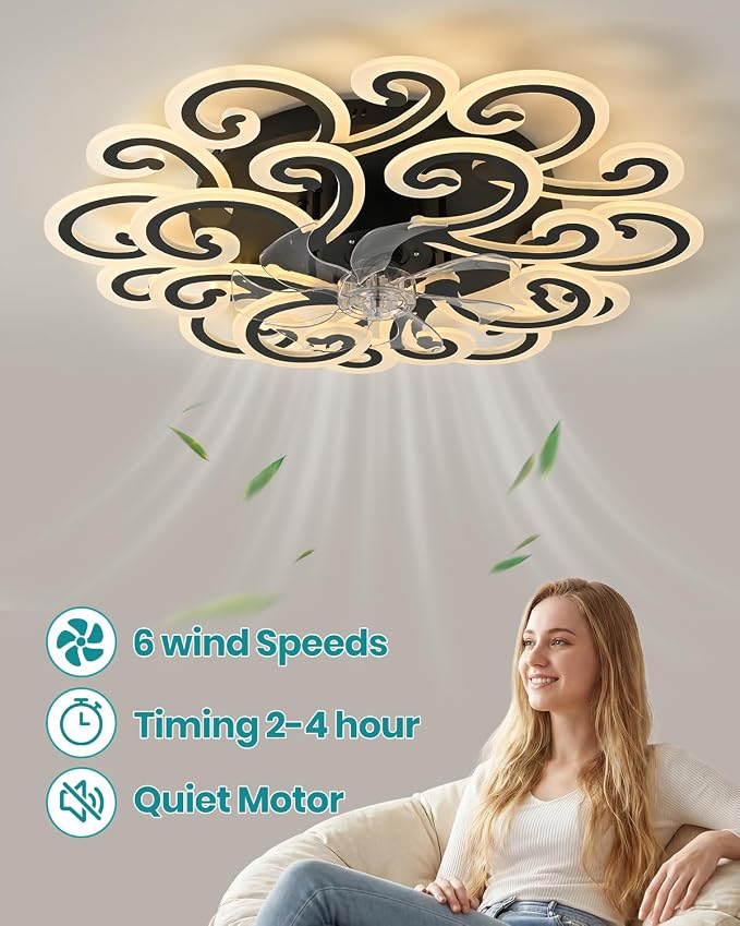 Modern LED Ceiling Light with Decorative Swirl Design, Energy-Efficient Ceiling Fan Lamp, Stylish Black and White Ceiling Light Fixture for Living Room, Bedroom, or Office