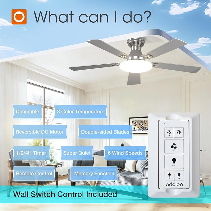 addlon Ceiling Fans with Lights, 52 inch Flush Mount Ceiling fan with Remote Control, Wall Remote, Reversible, 3CCT, Dimmable, Noiseless DC Motor, Nickel Low Profile Ceiling Fan for Bedroom, Farmhouse