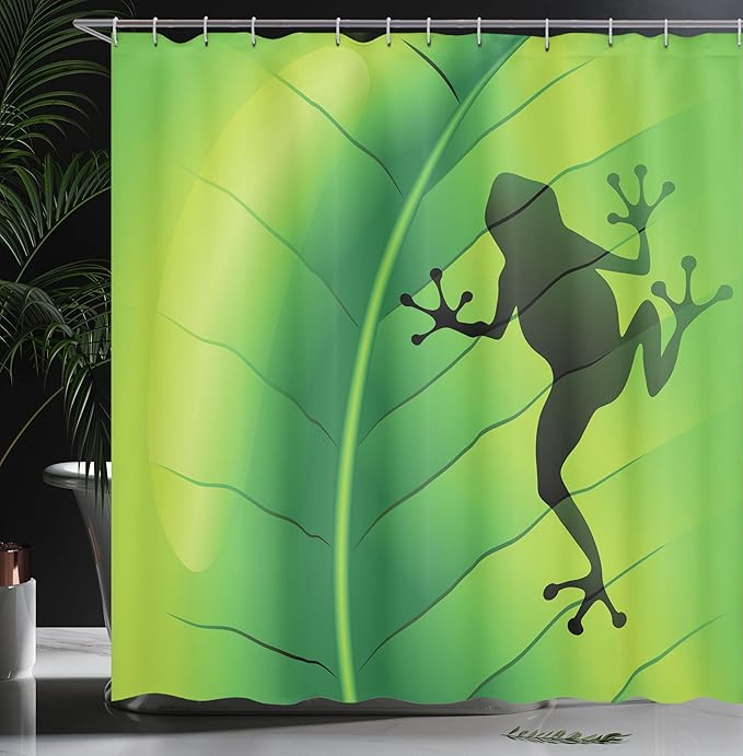 Ambesonne Animal Shower Curtain, Silhouette of Frog on The Exotic Macro Tropical Leaf Plant Wild Life Nature Illustration, Cloth Fabric Bathroom Decor Set with Hooks, 69" W x 70" L, Green