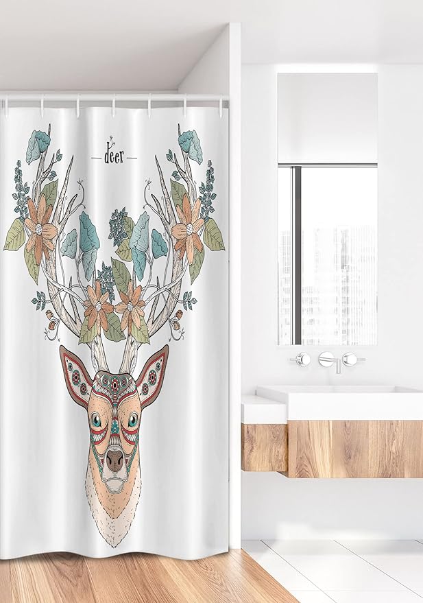 Ambesonne Antlers Stall Shower Curtain, Deer Head with Flowers Blooms Cultural Design Ornamental Illustration, Fabric Bathroom Decor Set with Hooks, 36" W x 72" L, Tan Green Teal