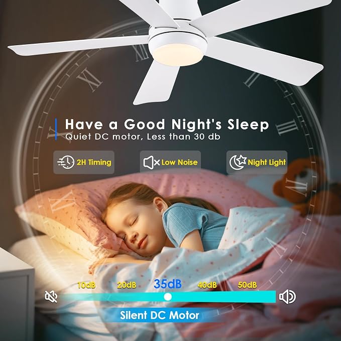Hounberi 46 Inch Low Profile Ceiling Fan with Light, Modern Flush Mount Ceiling Fans for Low Ceilings, Quiet DC Motor Bedroom Fan, 3CCT Dimmable, Reversible Blades, High Airflow, Energy Saving, White