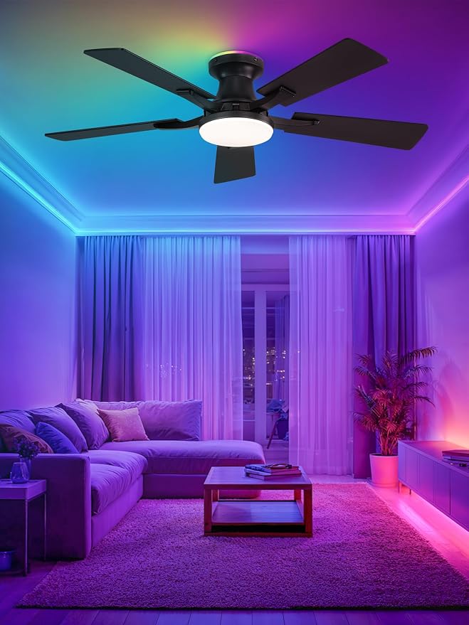 ZMISHIBO 42 Inch Ceiling Fans with RGB Lights, Low Profile Flush Mount Ceiling Fan with Alexa/App/Remote, Dimmable 20W LED Light, Black Modern Fan for Living Room, Bedroom, Game Room