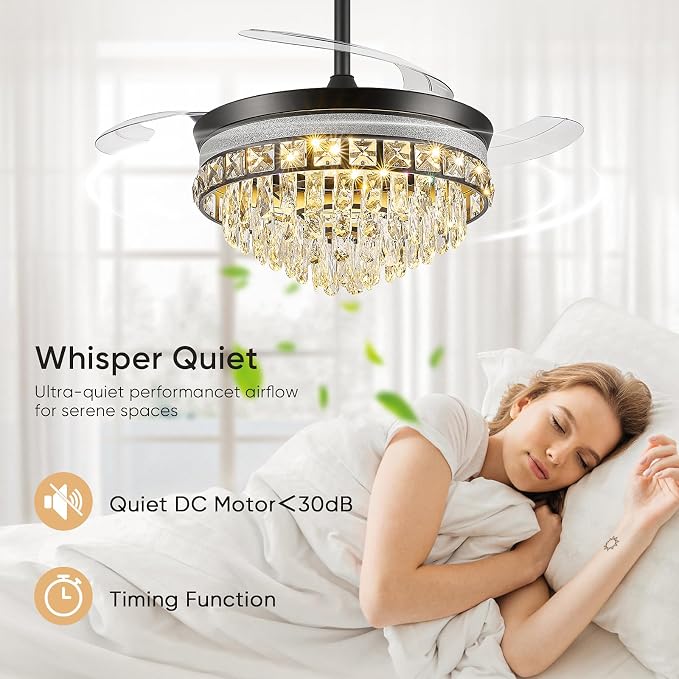 42 Inch Fandelier Ceiling Fan with Light, Chandelier Ceiling Fans with Lights, Crystal Ceiling Fans for Bedroom Living Room, LED Dimmable, 6 Wind Speed,3 Color Temperatures-Black
