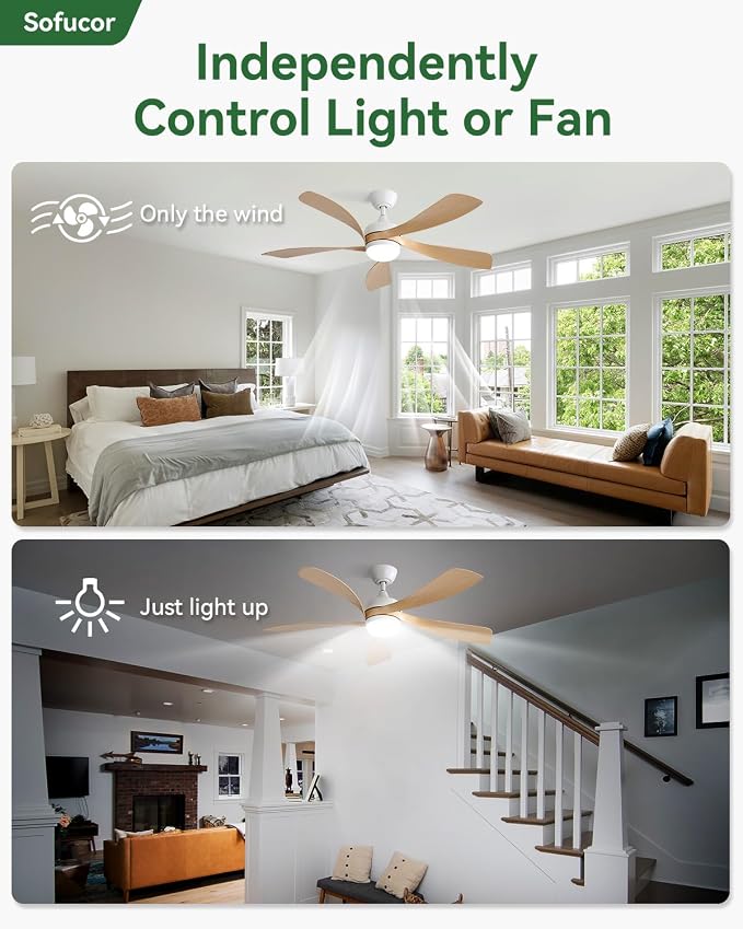 Sofucor 52 Inch Ceiling Fans with Lights and Remote, Outdoor Ceiling Fan with Light 6-Speed 3 CCT 3-Timer, Modern Low Profile Ceiling Fan 5 Blade Reversible DC Motor for Living Room Bedroom Patio