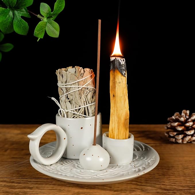 MOUGIGI 5-in-1 White Ceramic Palo Santo Burner & Holder - Small Candle and Smudge Tray for Incense Sticks & Cones, Sage, Zen Meditation Altar Accessory – Compatible with Matches for Aromatic Scents