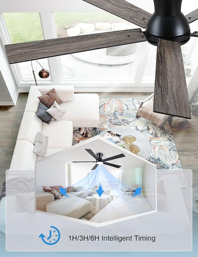 60 Inch Black Flush Mount Ceiling Fans with Lights, 3CCT Dimmable LED, 6-Speed Remote Control, Reversible Motor,Quiet Low Profile Energy-Efficient for Bedroom & Living Room,ETL Listed