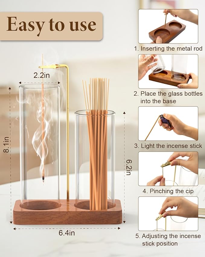 Incense Holder with 7.8" & 5.9" Glass Jars, 2 in 1 Incense Sticks Holder & Ash Catcher, Upside Down Incense Burner with Storage for Meditation, Yoga, Spa, Home Decor, with 20 Incense Sticks & Brush