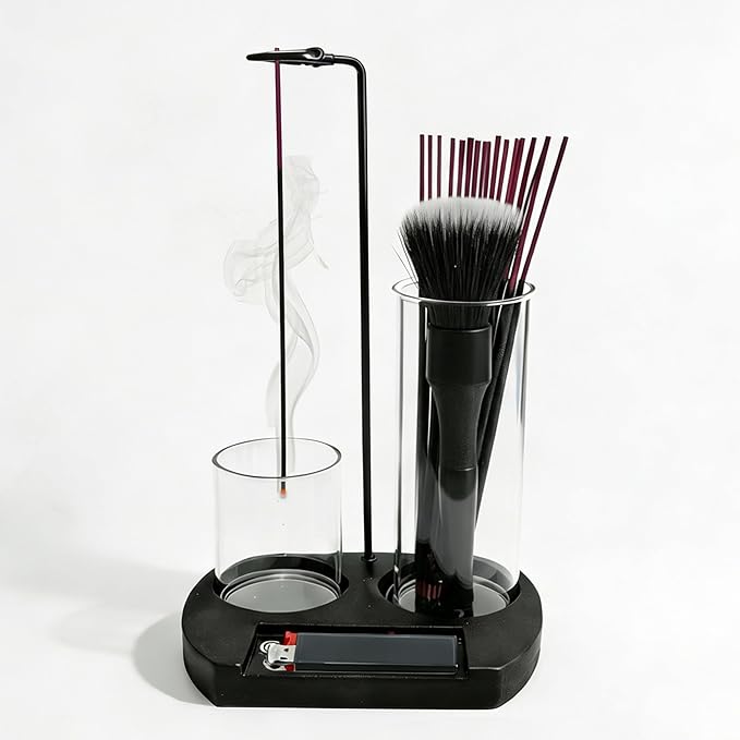 Incense Holder for Sticks 3 in 1 Glass Incense Burner with Lighter Holder and Ash Catcher Upside Down Anti-Ash Stick Holder with Storage Modern Zen Decor for Yoga Meditation Brush [Black]