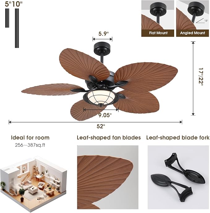52"Waterproof Outdoor Palm Leaf Ceiling Fans with Lights and Remote/APP | IP44 Wet-rated,Reversible 6 Wind Speeds,Dimmable 3CCT LED,40W Quiet DC Motor,1/4/8H Timer,Suits for Living Room Bedroom Patio